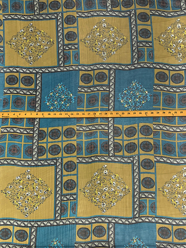 Deep Sea Blue/Antique Gold 100% Silk Ornate Framework Print Chiffon 54W