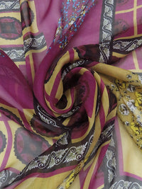 Dark Magenta/Vegas Gold/Cerulean/Multi 100% Silk Floral Block Print Chiffon 53W