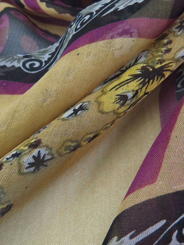 Dark Magenta/Vegas Gold/Cerulean/Multi 100% Silk Floral Block Print Chiffon 53W