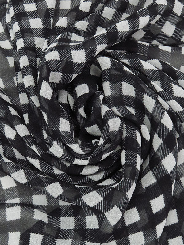 Black/Glacier Gray 100% Silk Check Plaid Print Crepe Chiffon 52W