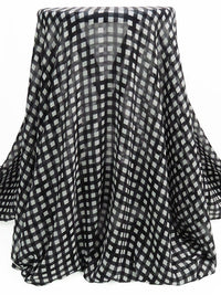 Black/Glacier Gray 100% Silk Check Plaid Print Crepe Chiffon 52W