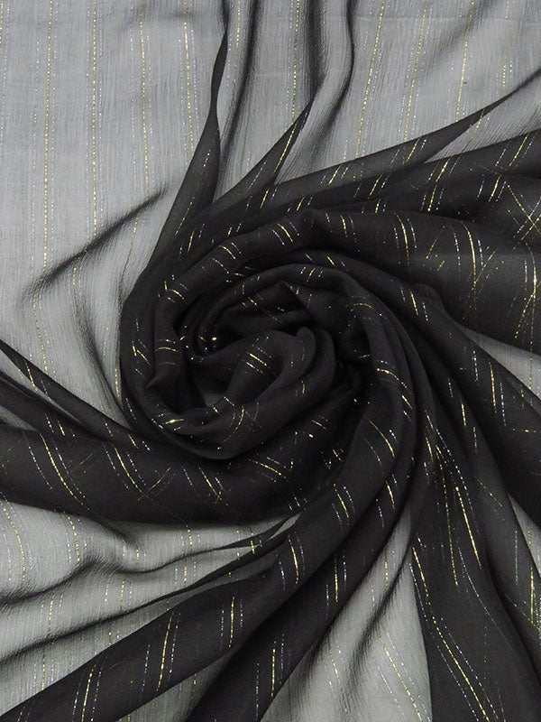 Black/Gold/Silver Silk/Lurex Vertical Metallic Stripe Weave Crinkle Chiffon 53W