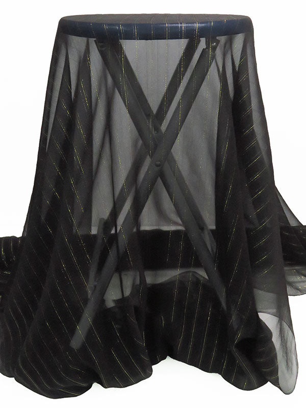 Black/Gold/Silver Silk/Lurex Vertical Metallic Stripe Weave Crinkle Chiffon 53W