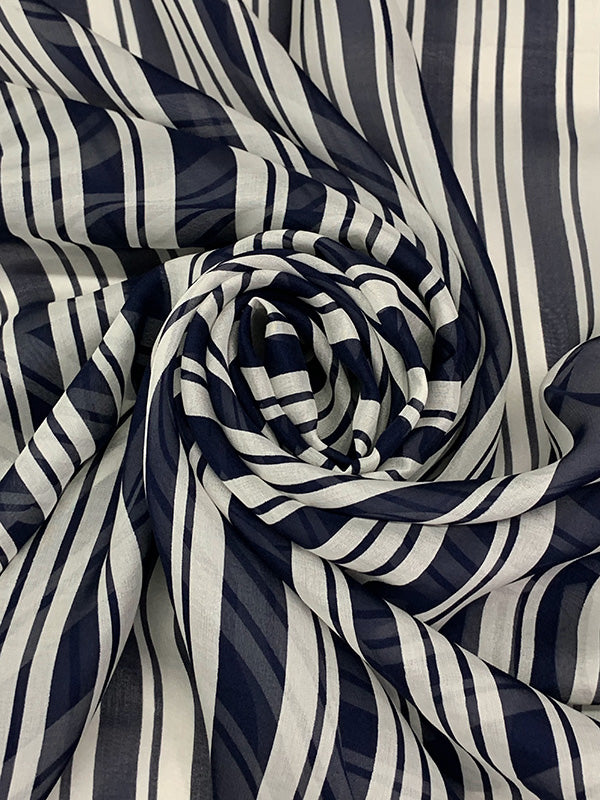 Navy Blue/Alabaster 100% Silk Vertical Multi-Stripe Print Chiffon - NY Designer - 54W