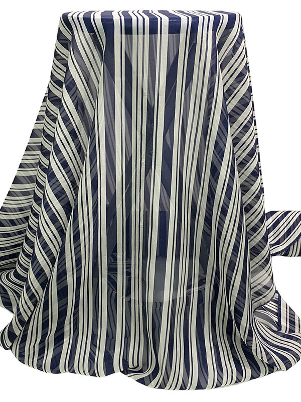 Navy Blue/Alabaster 100% Silk Vertical Multi-Stripe Print Chiffon - NY Designer - 54W