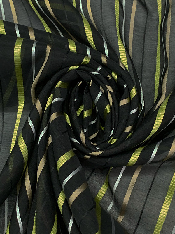 Black/Lemon Lime/Tan/Bright Silver Cotton/Silk Vertical Burnout Satin Stripe Voile - NY Designer - 44W