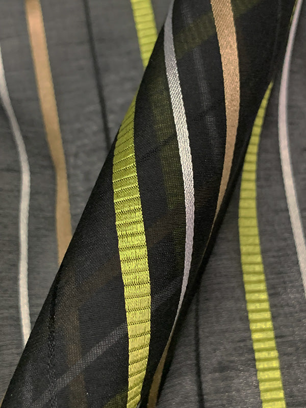 Black/Lemon Lime/Tan/Bright Silver Cotton/Silk Vertical Burnout Satin Stripe Voile - NY Designer - 44W