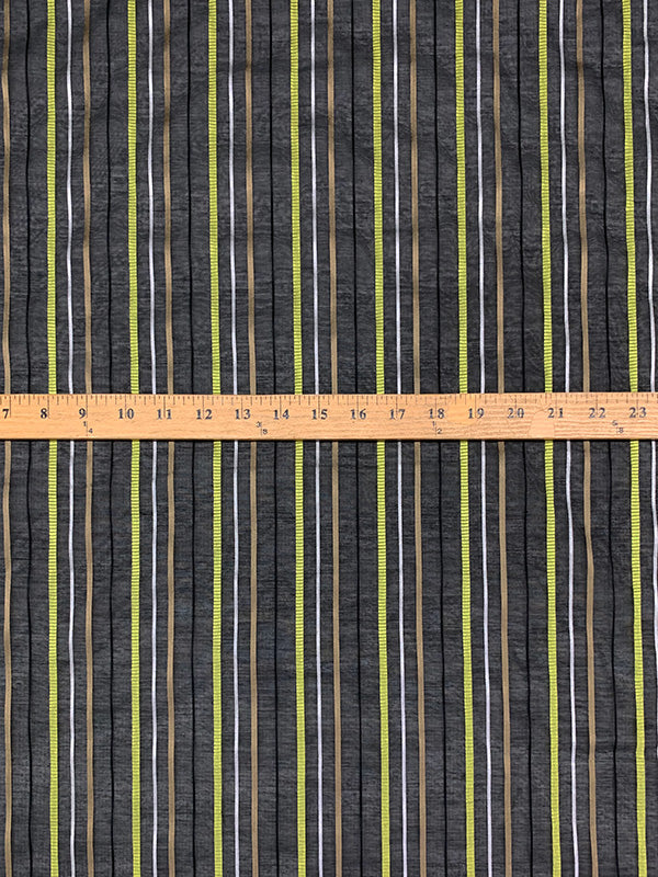 Black/Lemon Lime/Tan/Bright Silver Cotton/Silk Vertical Burnout Satin Stripe Voile - NY Designer - 44W