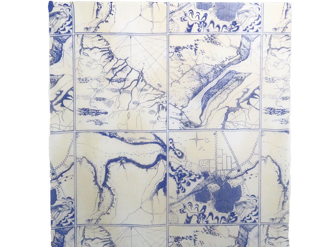 Dark Blue/Tan/White 100% Silk Framed Geography Maps Print Chiffon - Ralph Lauren - 44W