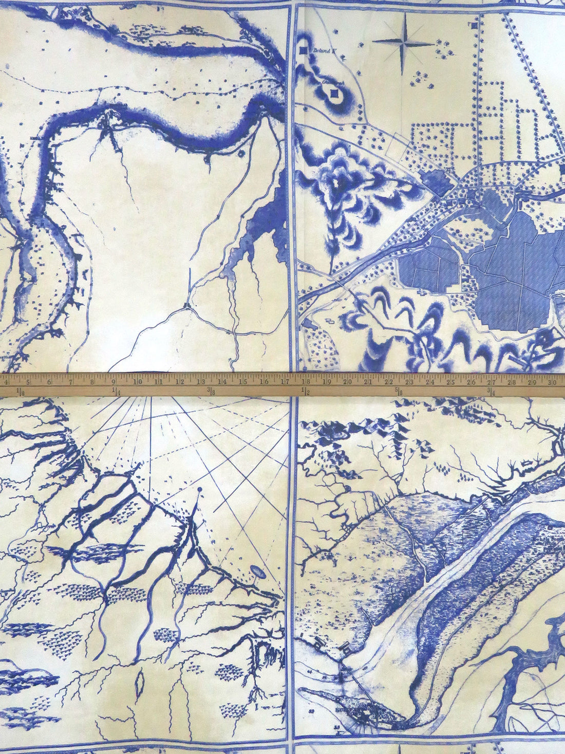 Dark Blue/Tan/White 100% Silk Framed Geography Maps Print Chiffon - Ralph Lauren - 44W
