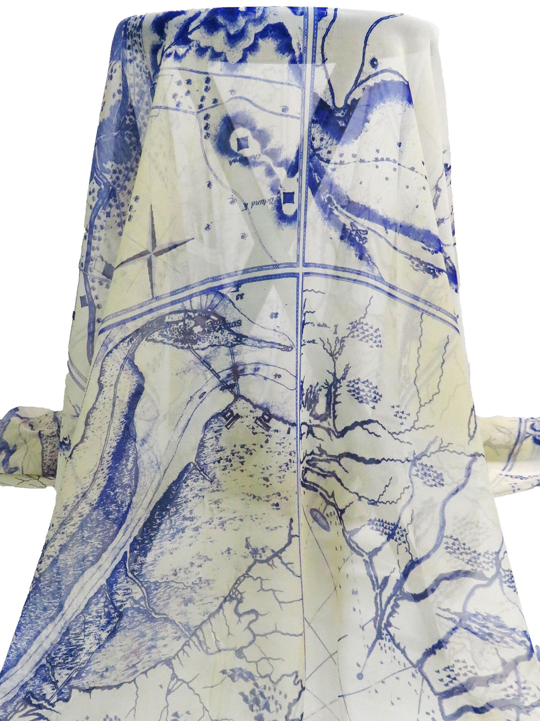 Dark Blue/Tan/White 100% Silk Framed Geography Maps Print Chiffon - Ralph Lauren - 44W