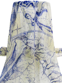 Dark Blue/Tan/White 100% Silk Framed Geography Maps Print Chiffon - Ralph Lauren - 44W
