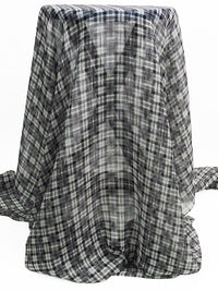 Black/Pale Silver Gray 100% Silk Plaid Print Chiffon 43W