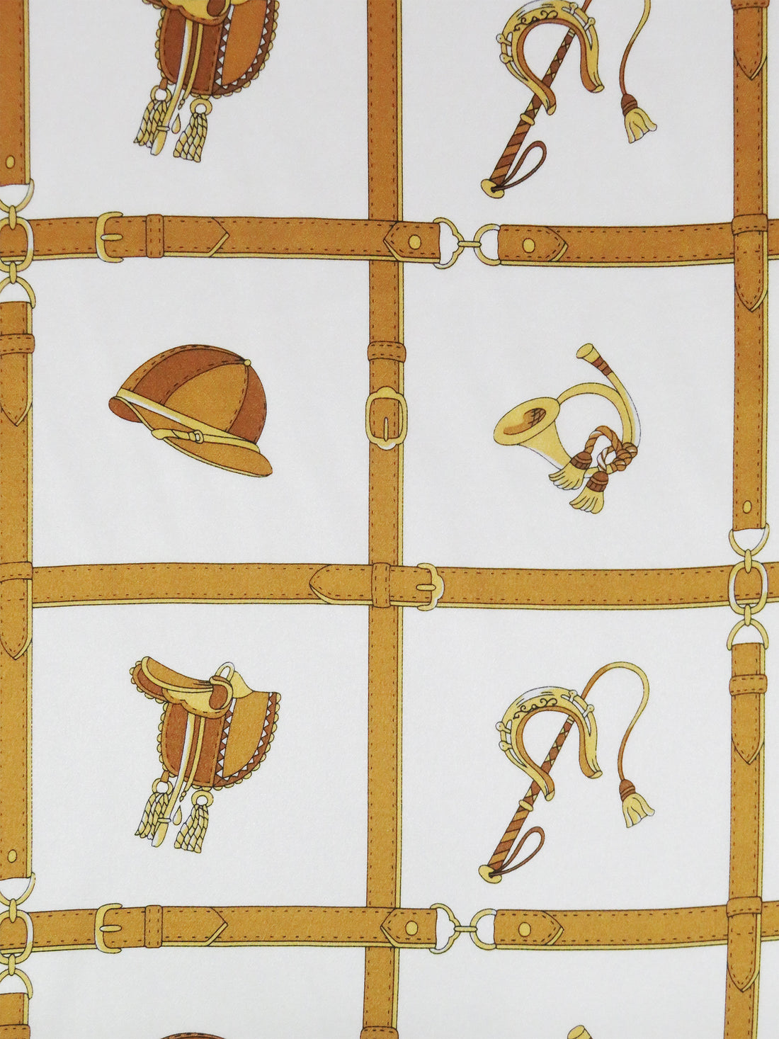 White/Russet Brown/Gold 100% Silk Equestrian Framework Print Charmeuse - Ralph Lauren - 44W