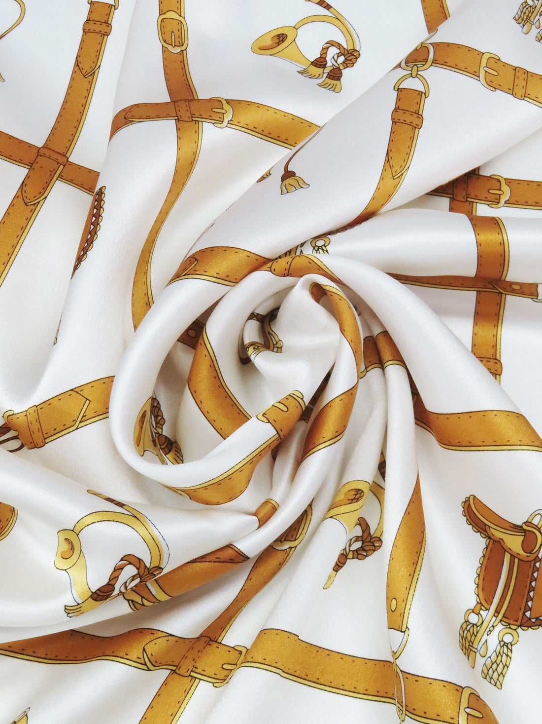 White/Russet Brown/Gold 100% Silk Equestrian Framework Print Charmeuse - Ralph Lauren - 44W