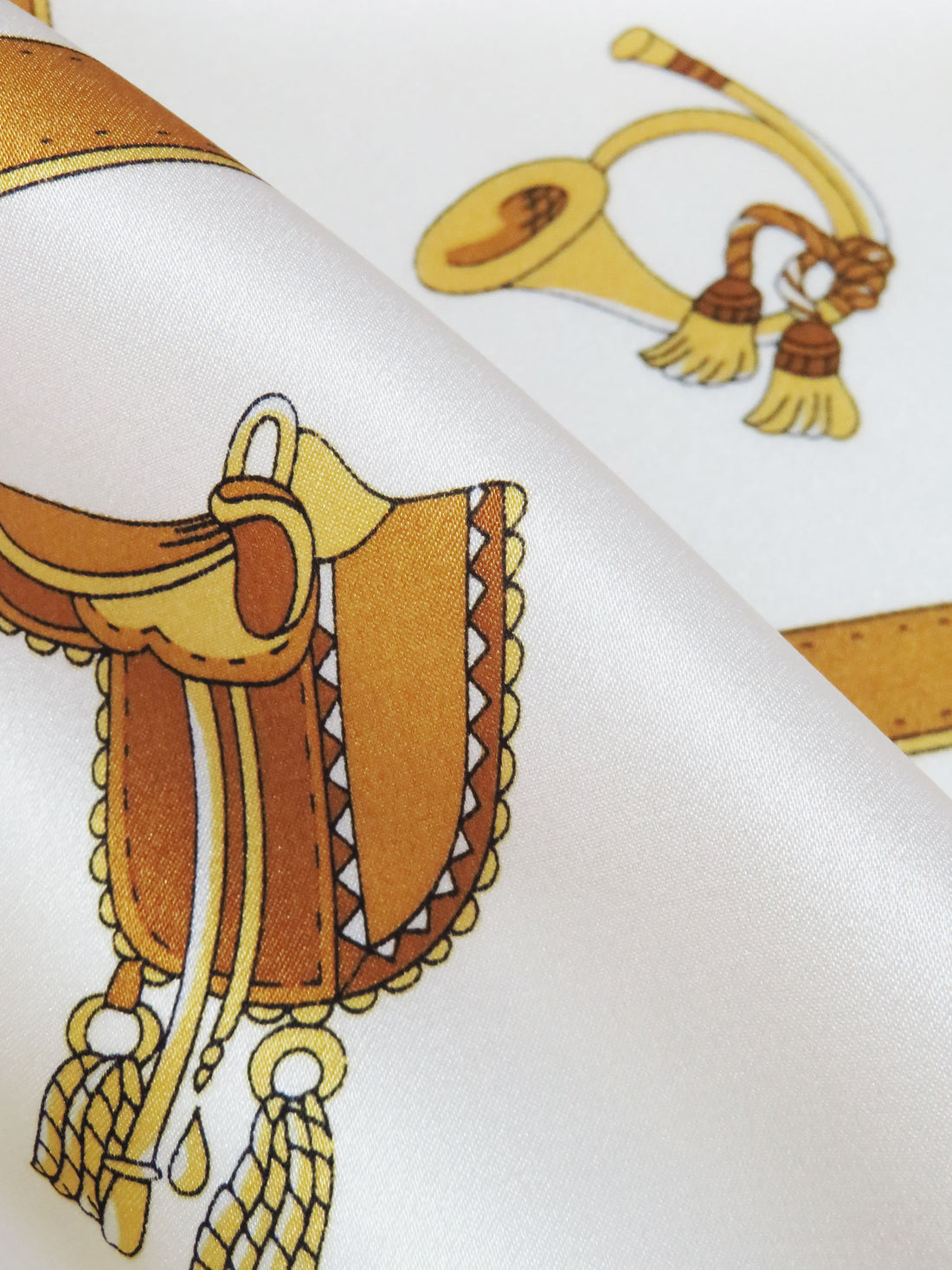 White/Russet Brown/Gold 100% Silk Equestrian Framework Print Charmeuse - Ralph Lauren - 44W