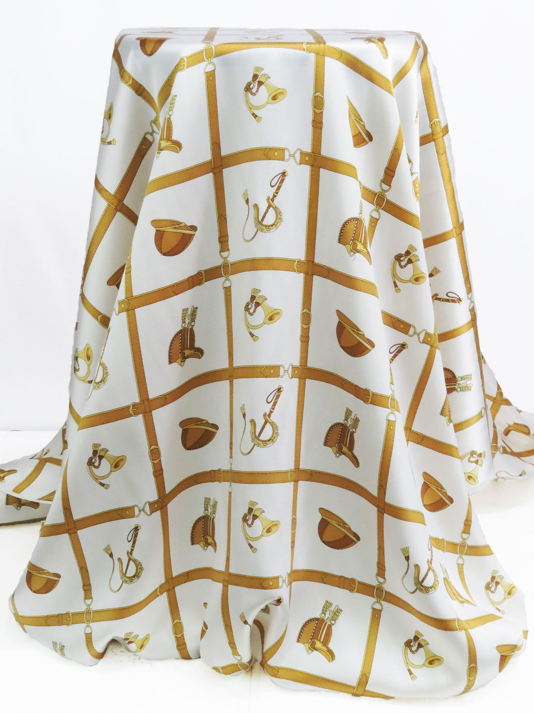 White/Russet Brown/Gold 100% Silk Equestrian Framework Print Charmeuse - Ralph Lauren - 44W