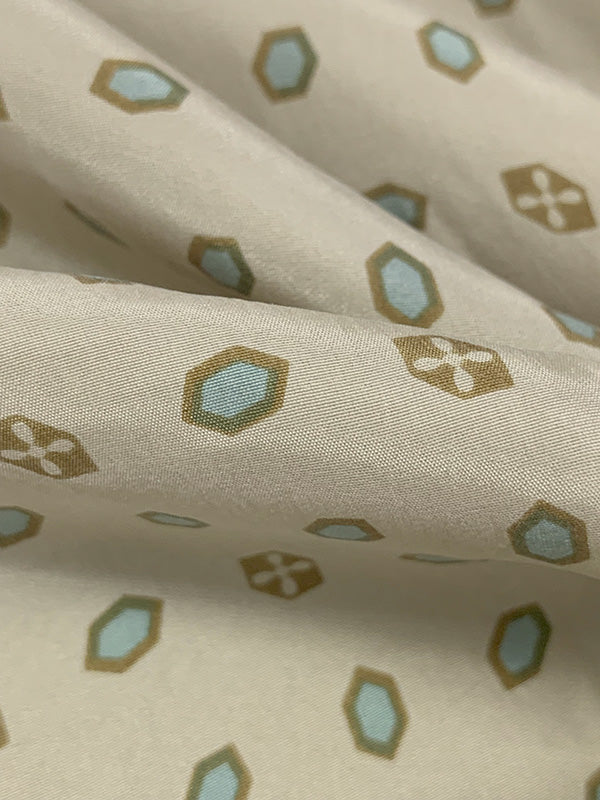 Oyster Gray/Dusty Blue/Shadow Brown 100% Silk Slight Diagonal Long Mini Hexagon Print Broadcloth 44W