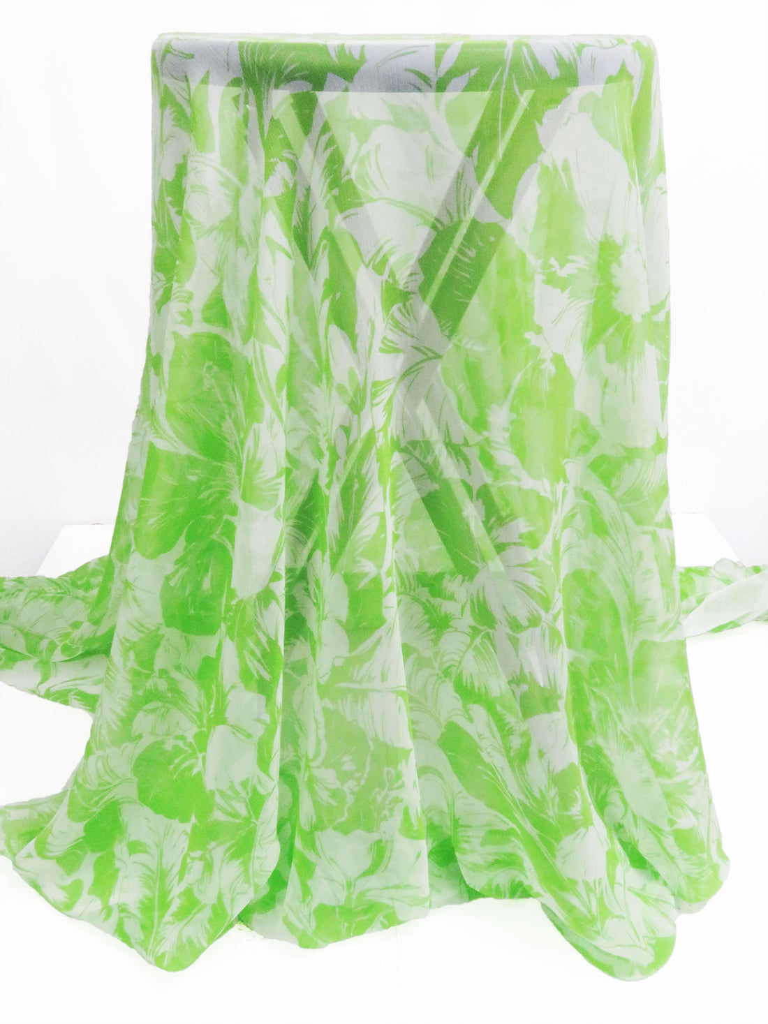Apple Green/Palest Gray 100% Silk Tropical Floral Print Chiffon - Ralph Lauren - 45W