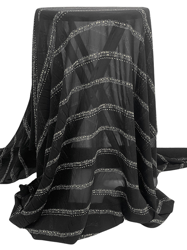 Black/Bone 100% Silk Horizontal Stylized Stripe Print Chiffon 42W