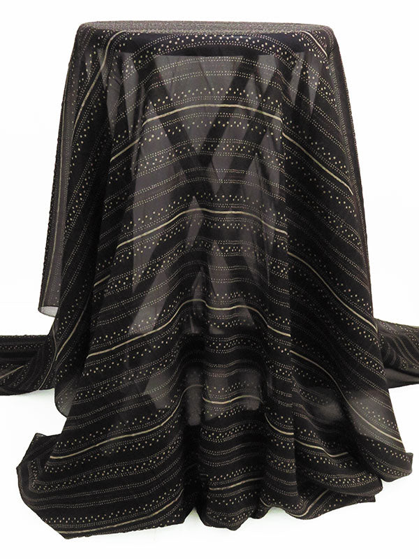 Black/Taupe/Dark Crimson 100% Silk Dotted Horizontal Stripe Print Chiffon 43W