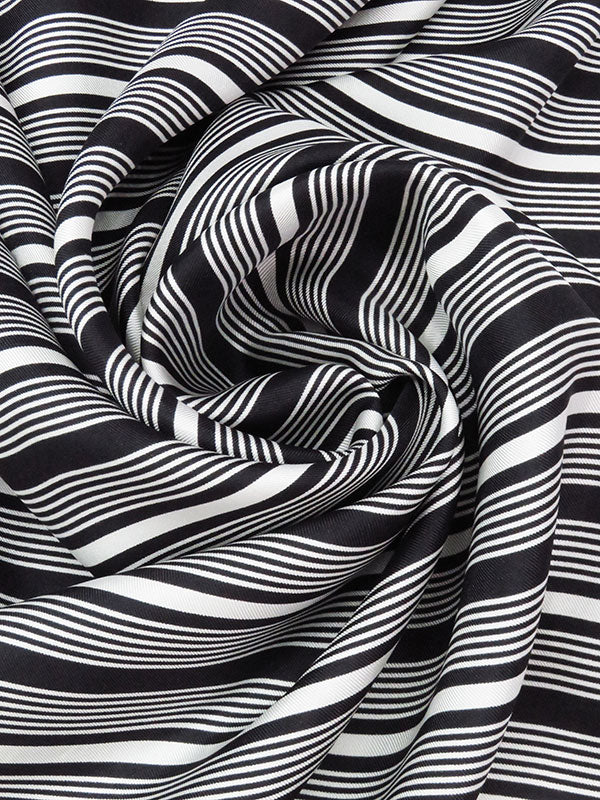 Soft Black/Pale Silver Gray 100% Silk Horizontal Stripe Design Twill 46W