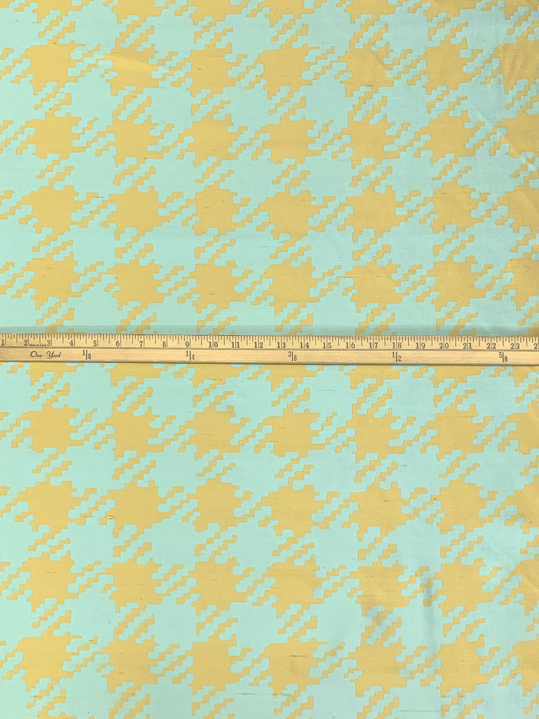 Aquamarine Green/Straw 100% Silk Houndstooth Weave Brocade - NY Designer- 53W