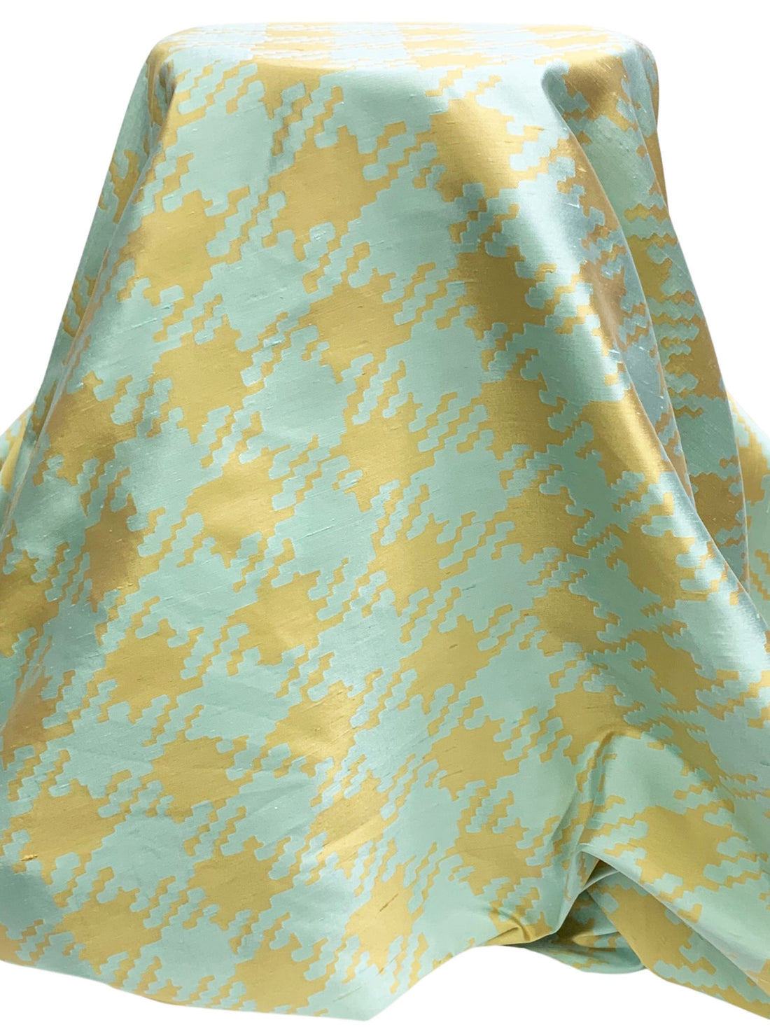 Aquamarine Green/Straw 100% Silk Houndstooth Weave Brocade - NY Designer- 53W