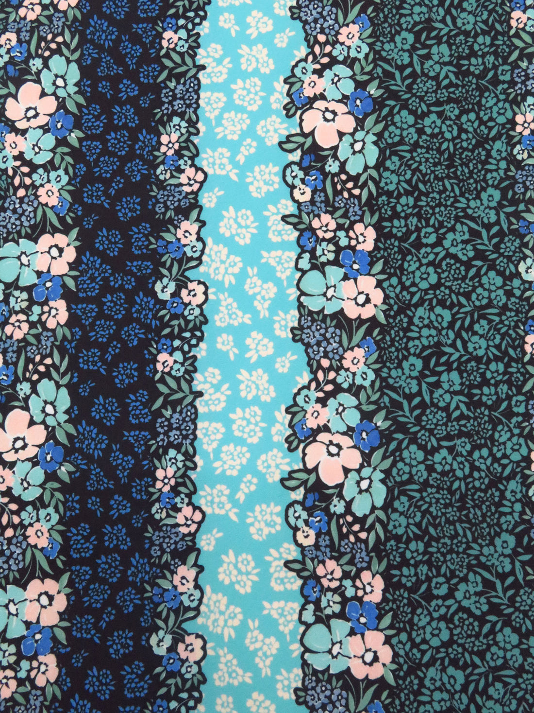 Turquoise/Black/Pale Soft Pink/Multi Nylon/Lycra Vertical Floral Stripe Print Swim/Activewear Knit - NY Designer - 60W