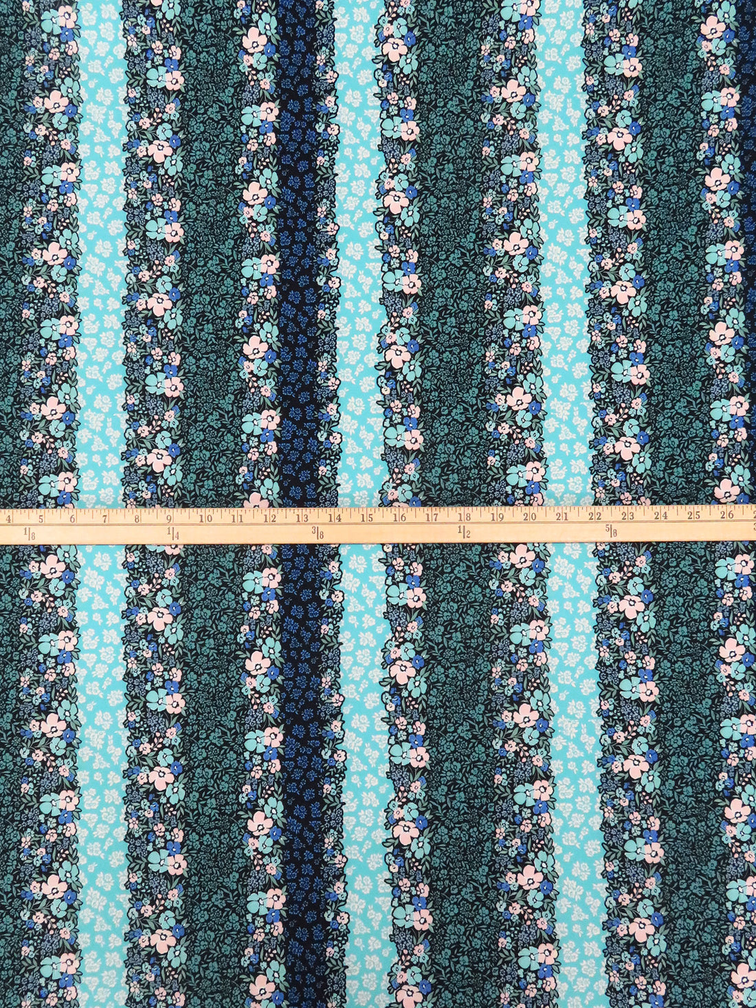 Turquoise/Black/Pale Soft Pink/Multi Nylon/Lycra Vertical Floral Stripe Print Swim/Activewear Knit - NY Designer - 60W