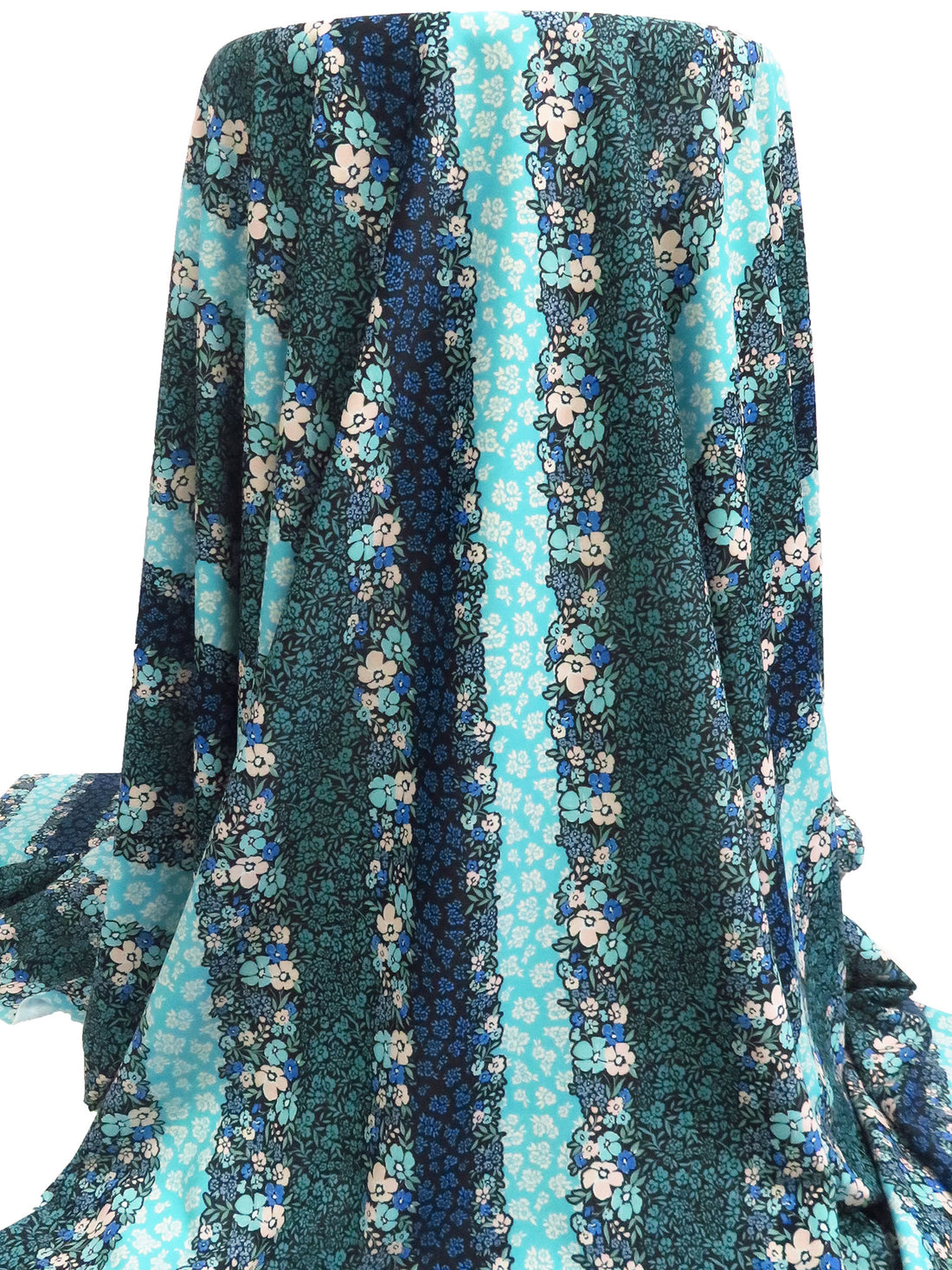 Turquoise/Black/Pale Soft Pink/Multi Nylon/Lycra Vertical Floral Stripe Print Swim/Activewear Knit - NY Designer - 60W