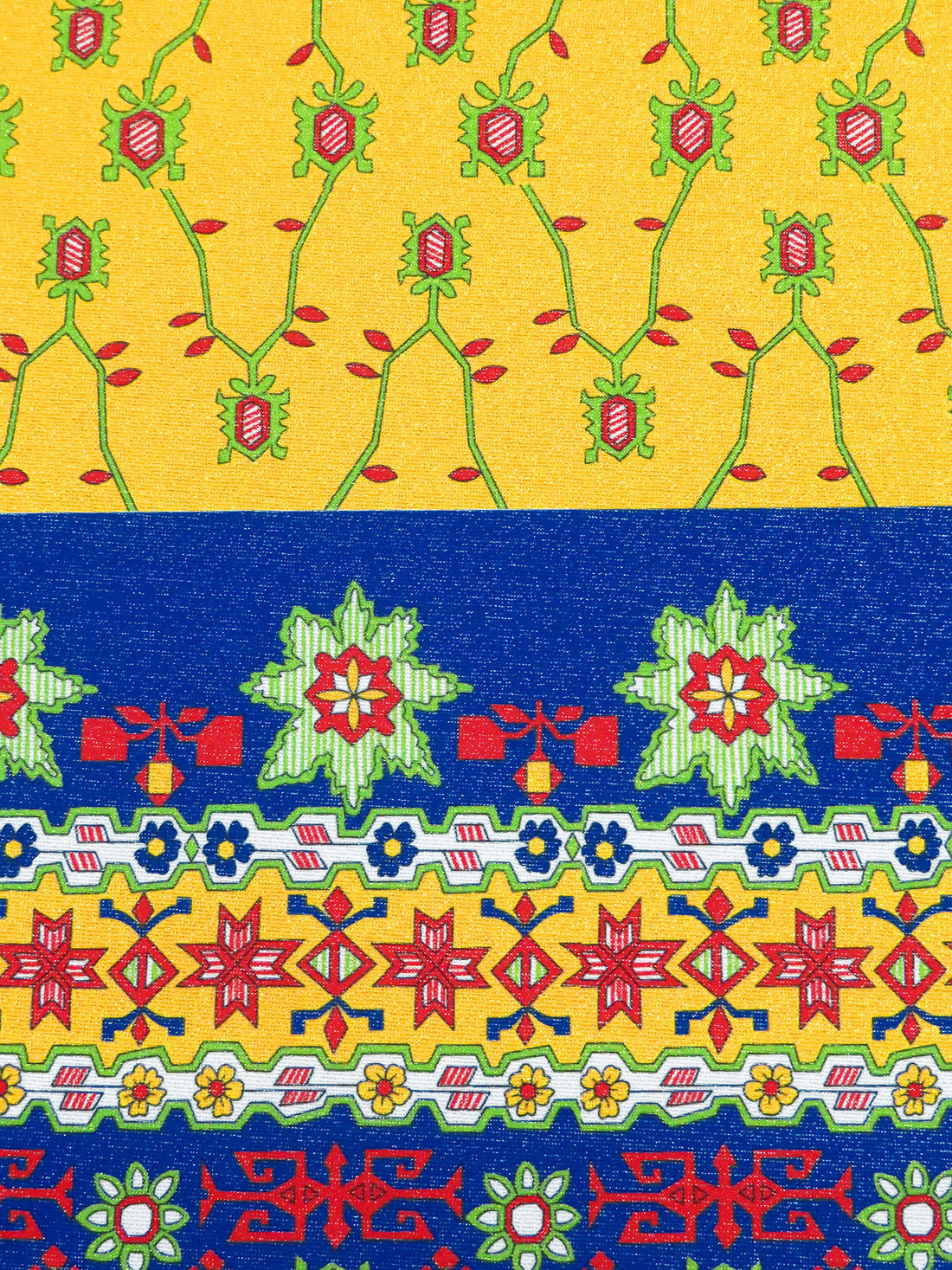 SOLD BY THE PANEL ONLY - Goldenrod/Stop Red/Dark Blue/Multi Nylon/Metallic/Lycra Folk Print Swim/Activewear Knit - NY Designer - 57W