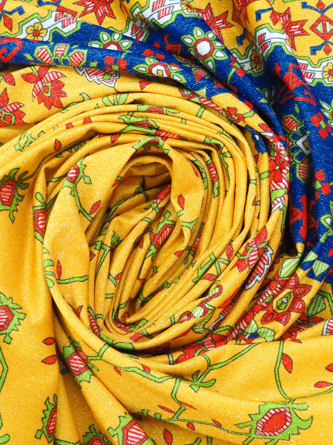 SOLD BY THE PANEL ONLY - Goldenrod/Stop Red/Dark Blue/Multi Nylon/Metallic/Lycra Folk Print Swim/Activewear Knit - NY Designer - 57W