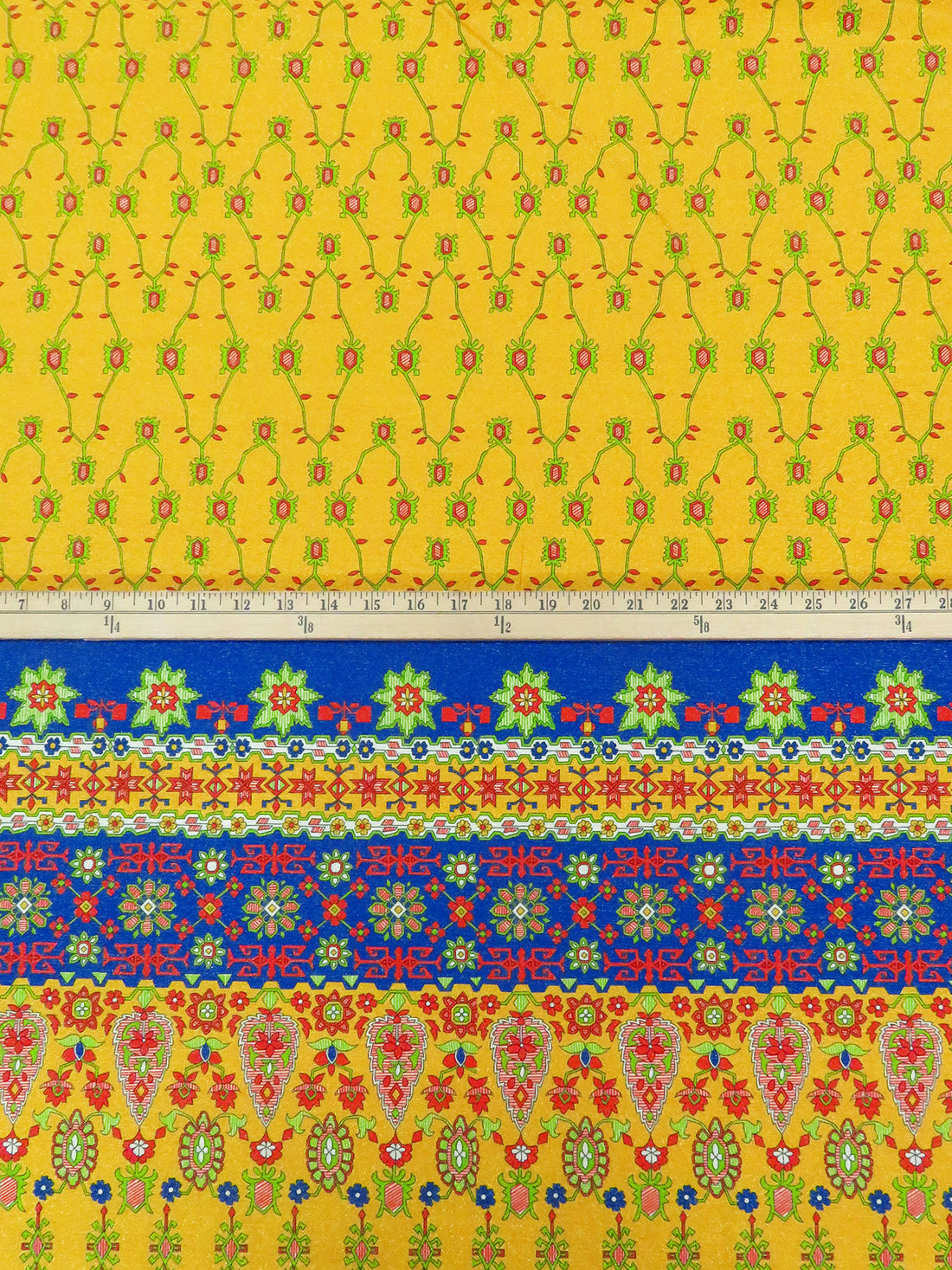 SOLD BY THE PANEL ONLY - Goldenrod/Stop Red/Dark Blue/Multi Nylon/Metallic/Lycra Folk Print Swim/Activewear Knit - NY Designer - 57W