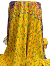 SOLD BY THE PANEL ONLY - Goldenrod/Stop Red/Dark Blue/Multi Nylon/Metallic/Lycra Folk Print Swim/Activewear Knit - NY Designer - 57W