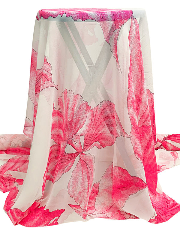 Vivid Raspberry Pink/Alabaster 100% Silk Floral Print Chiffon 42W