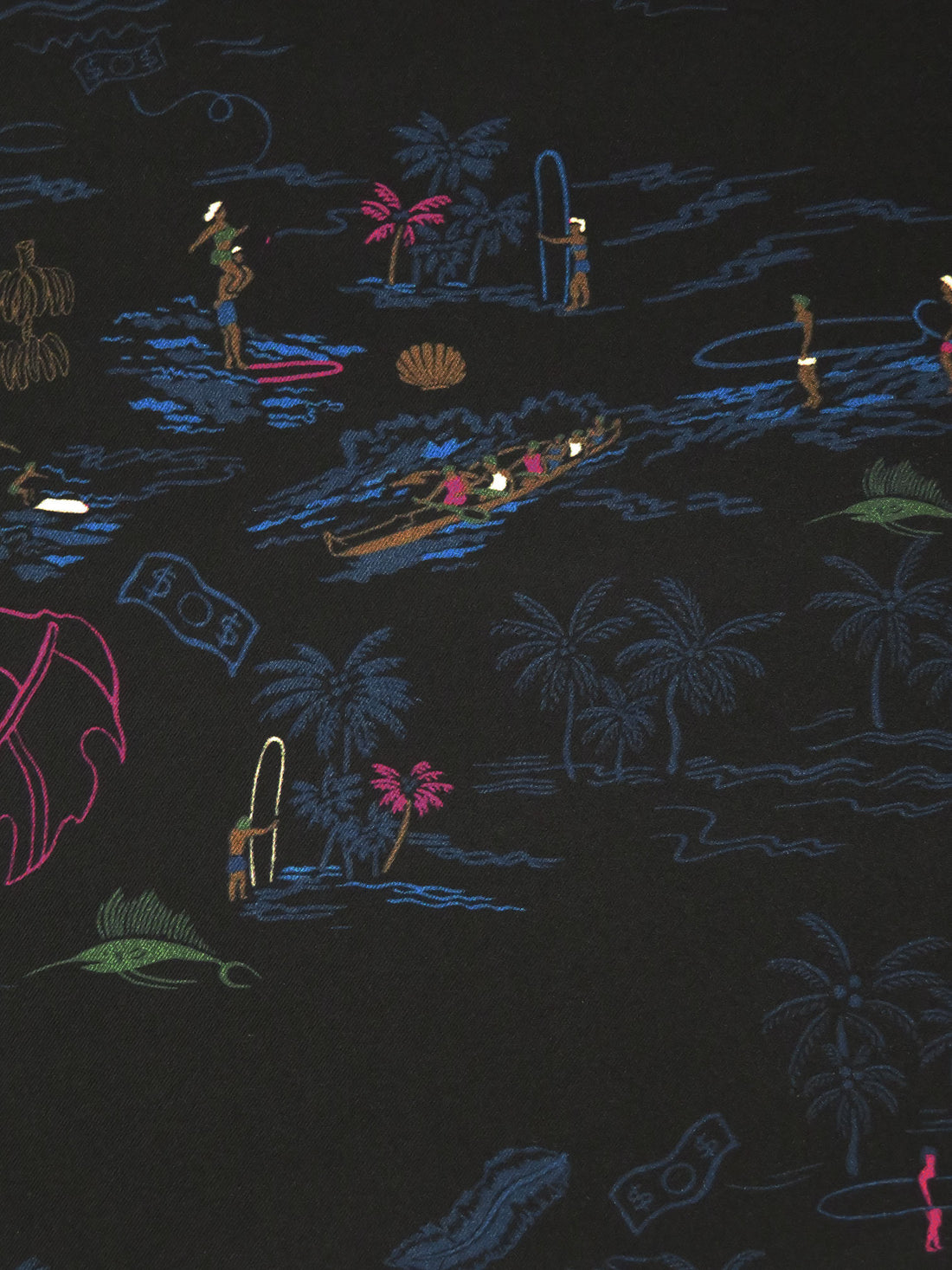 Black/Dark Navy/Dark Raspberry/Multi 100% Silk Beach Scene Print Twill - Ralph Lauren - 44W