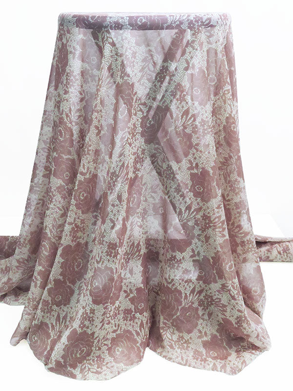 Dusty Mauve Pink/Pale Smoke Gray 100% Silk Floral Lace Print Chiffon 52W