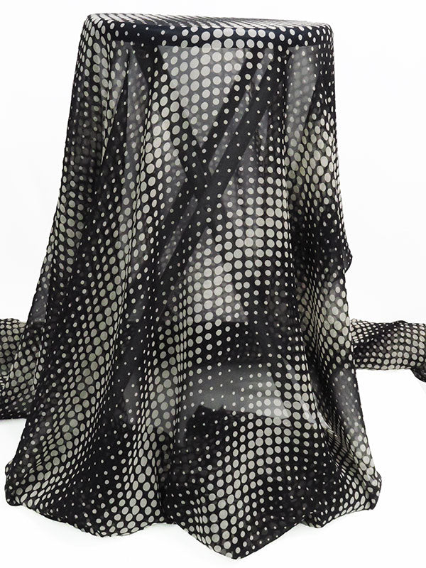 Black/Taupe Gray 100% Silk Dotted Diagonal Stripe Print Crepe Chiffon 43W