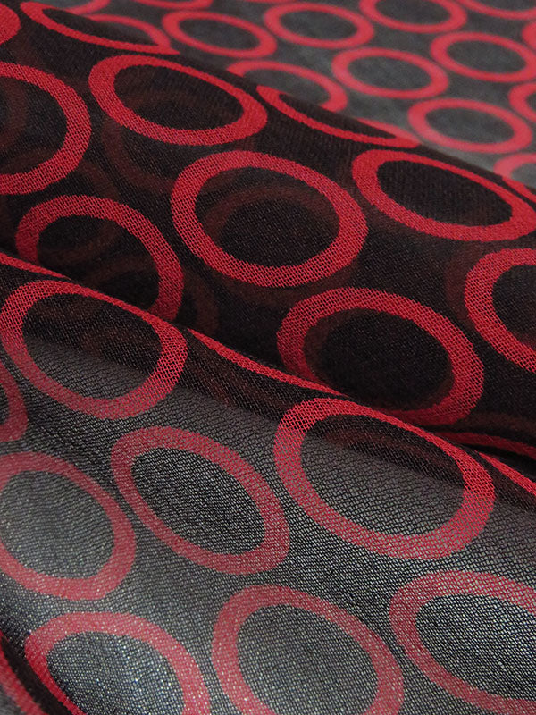 Black/Crimson 100% Silk Circle Print Chiffon 43W