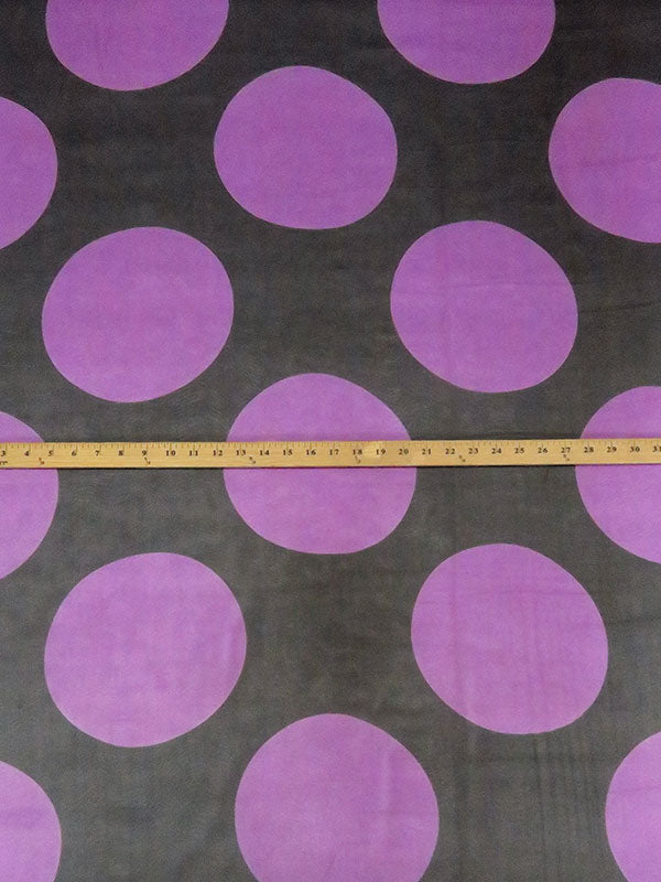 Black/Amethyst 100% Silk Large Polka Dot Print Chiffon 44W