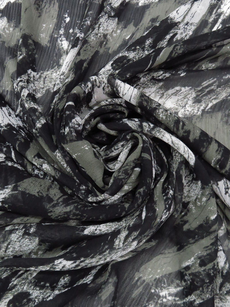 Dried Thyme Gray/Black/White 100% Polyester Abstract Grunge Print Crinkle Chiffon 58W