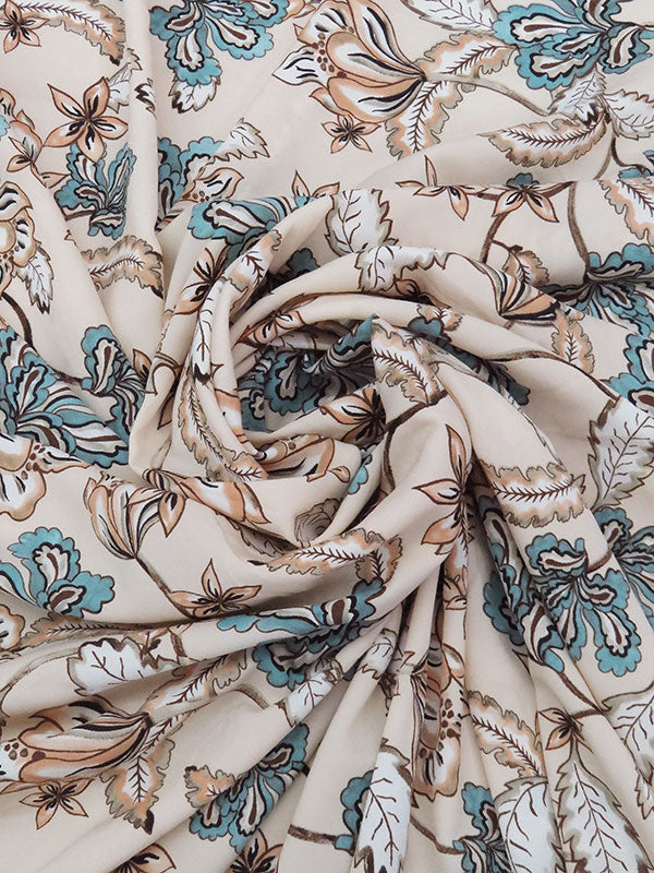 Vanilla/Lagoon Blue/Chocolate/Multi Polyester/Lycra Floral Print Stretch Crepe de Chine 58W