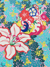 Aqua/Highlighter Pink/Teal/Multi Polyester/Lycra Floral Print Stretch Crepe de Chine 58W