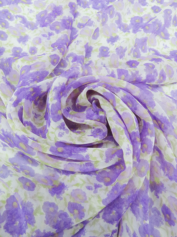 Amethyst/White/Celery Green 100% Silk Floral Print Chiffon 43W