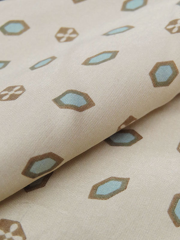 Bone/Dusty Blue/Peanut Brown 100% Silk Slight Diagonal Long Mini Hexagon Print Broadcloth 43W