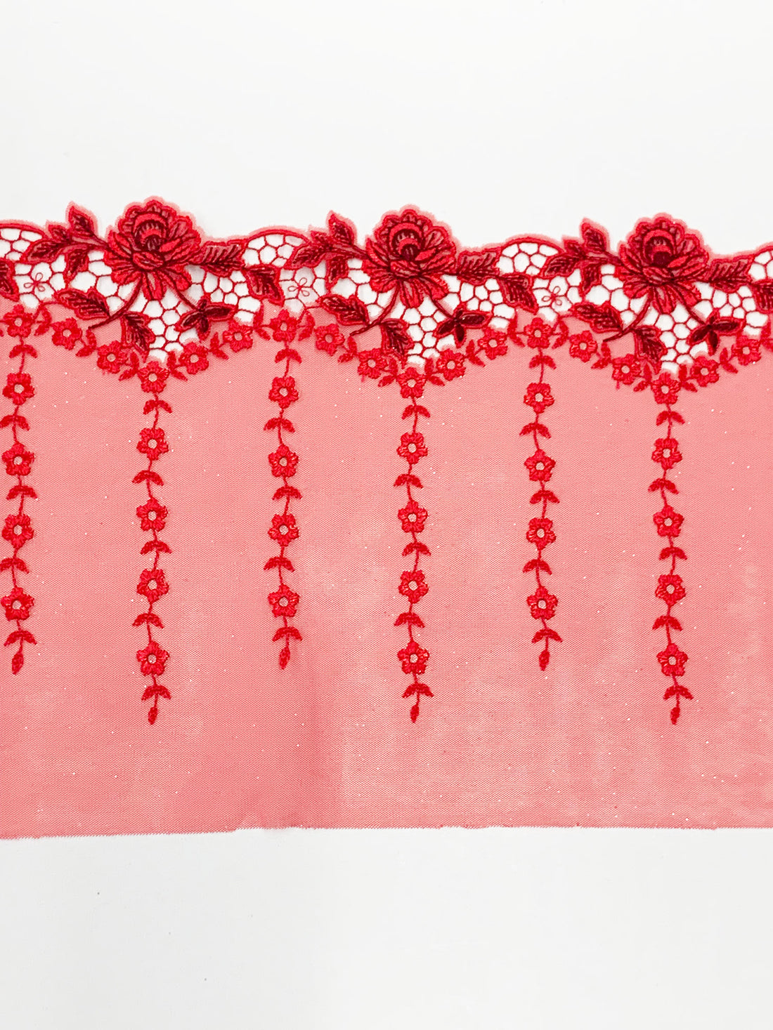 7" Imperial Red 100% Nylon Single Scalloped Embroidered Floral Lace Netting Trim