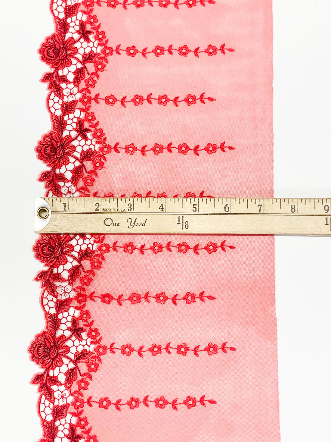 7" Imperial Red 100% Nylon Single Scalloped Embroidered Floral Lace Netting Trim