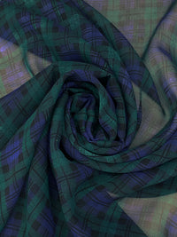 Lapis Blue/Mountain Pine/Black 100% Silk Plaid Print Chiffon 43W