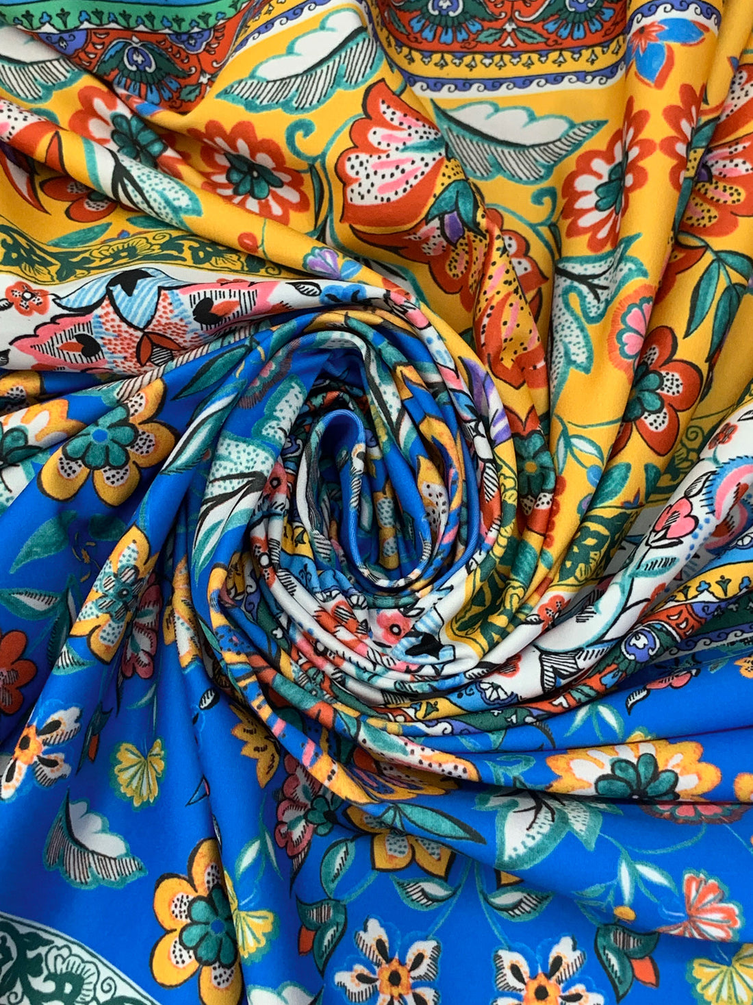 Vivid Blue/Sun Yellow/Multi Nylon/Lycra Horizontal Stylized Floral Print Swim/Activewear Knit - NY Designer - 61W